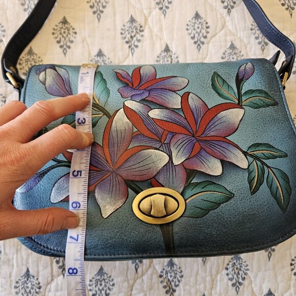 Anuschka Hand Painted Leather Shoulder Bag Blue Floral Turnlock - Picture 8 of 16